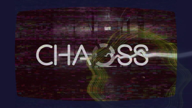 TV frame with distorted CHAOSS logo. Cyberpunk styled